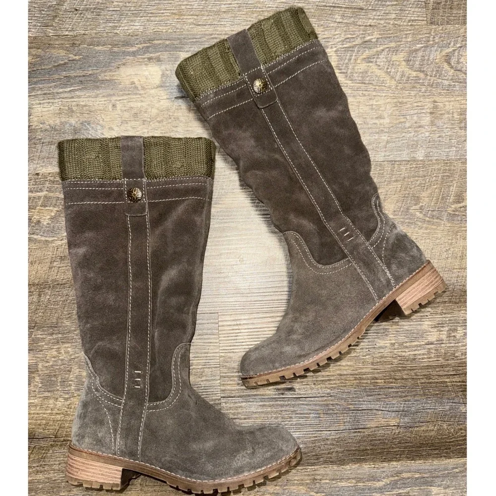 Bjorndal Autumn Suede Tall Boots Taupe Brown Cuff Faux Shearling Lined Size 7